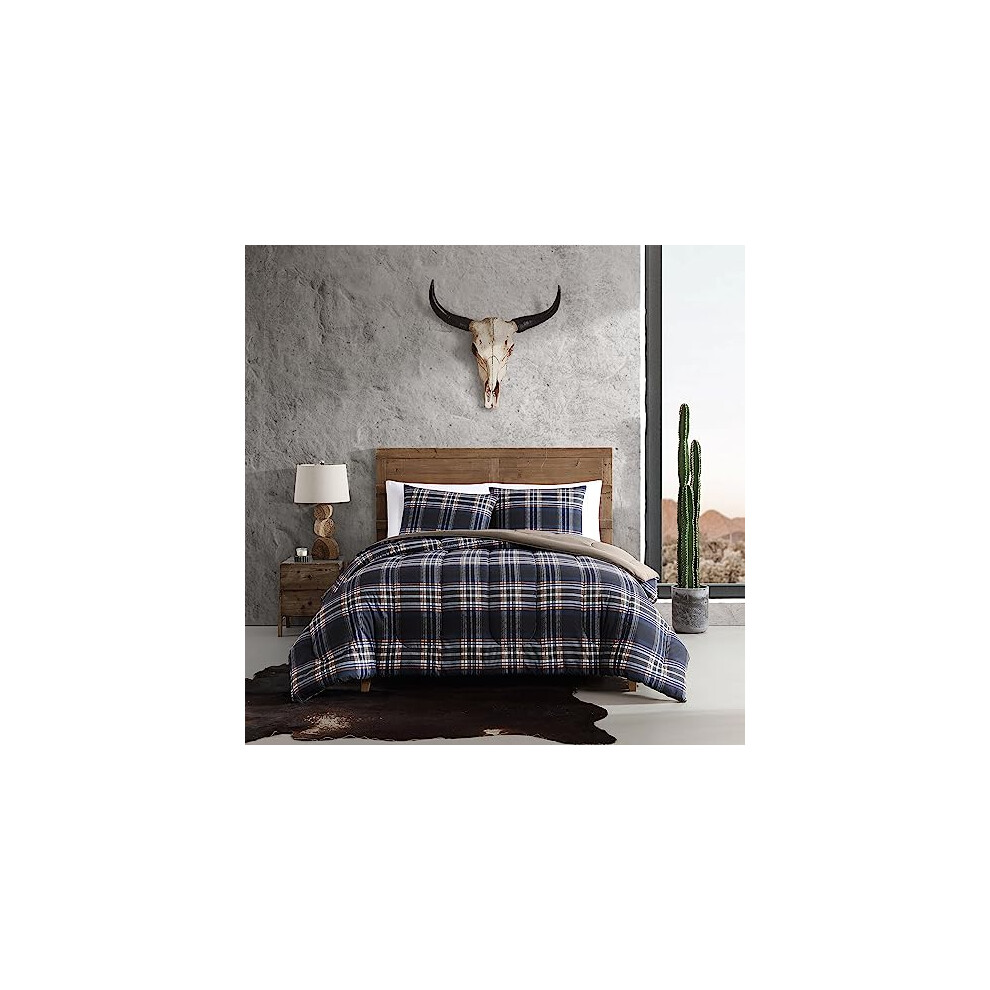 Wrangler - Twin Comforter Set, Reversible Bedding With Matching Sham(S), Yellowstone Inspired, Casual Home Décor (City Flats Plaid Navy, Twin)