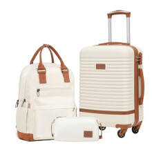 COOLIFE Suitcase Set, 3 Piece Luggage Sets with Travel Backpack and Toiletry Bag for Short Travel, TSA Lock 360 Spinner Wheels (White/Brown, 20 Inch