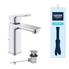 GROHE Dice Single Lever Basin Mixer with Pop-Up Waste Set (M-Size 172mm, 28 mm Ceramic Cartridge, Water Saving, Tails 3/8 Inch, Easy to Fit with the