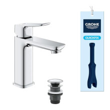 GROHE Dice - Smooth Body Basin Tap with Push-Open Waste Set (M-Size, 28 mm Ceramic Cartridge, Energy Efficient & Extra Water Saving Low Flow, Tails