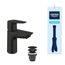 GROHE Start Edge QuickFix – Smooth Body Basin Mixer Tap with Push-Open Waste Set (S-Size, 28 mm Ceramic Cartridge, Extra Water Saving Low Flow,