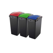Addis Set of 3 Recycling 40ltr Waste Utility Bins with Colour Coded Lids, Black, Blue, Red & Green, Green, Red, 42.5 x 28 x 56cm