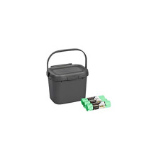 Addis Everyday Kitchen Food Caddy Bin, Metallic Silver Grey, with 60 x 100% Compost Bags (3 Rolls of 20 Liners), Single