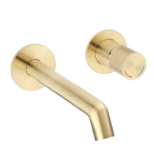 Milano Lune Wall Mounted Bathroom Basin Mixer Tap Round Ribbed Handle - Brushed Brass