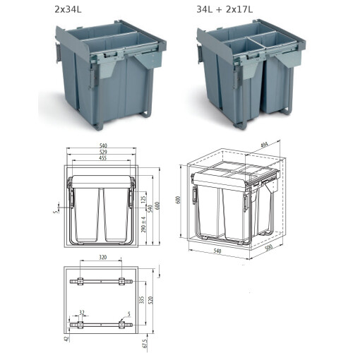 GTV Pull Out Kitchen Waste/Recycle Soft Close Bin for 600mm Cabinet - Front Fixing Cabinets (34L + 34L) 2