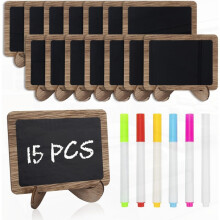(Rustic Brown) 15 stuks mini schoolbordborden met 6 kleuren krijtstiften - herbruikbare houten schoolborden voor voedselbuffetten,