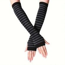 (Black   Dark Gray Stripes) Lange anime-manga-armwarmers voor dames (zwart/wit gestreept), elastische pols- en elleboogmanchethandschoenen-achtige