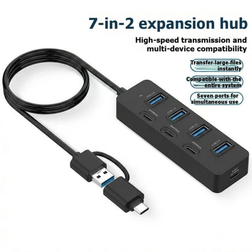 USB HUB, 7-Port 3.0 Button USB Expansion Splitter, Computer Splitter, High-Speed HUB for Laptop Computer