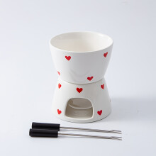 (Heart-Shaped Chocolate) 1pc Heart Print Ceramic Fondue with 2 Forks Set, Cute Butter Warmer Set Melting Pot Set for Chocolate, Cheese, Candy
