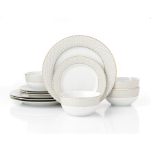 (12pc) 12pcs Premium Diamond Porcelain Dinnerware Set; 4 Dinner Plates, Side Plates and Deep Bowls