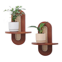 Set di 2 Mensole da Parete In Rattan, Mensole Galleggianti In Legno Rustico Boho da Parete, Decorazione per Piccole Piante e Quadri