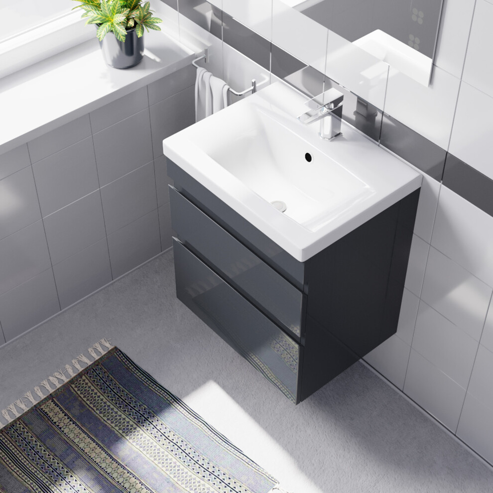 Nes Home 500Mm Wall Hung Vanity With Basin 2 Drawers Handless In Anthracite