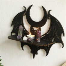 2X Black Wooden Wall Shelf Gothic Bat Moon Profiling Hollow Pattern Floating Shelf Crystal Holder Goth Witch Room Decor