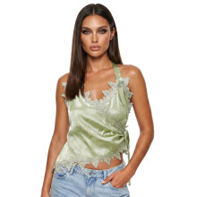 (S, Green) Women's Summer Halter Neck Tops Elegant Lace Trim Floral Jacquard Sleeveless Open Back Vest for Party Daily Wear