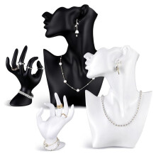 4 Pack Resin Jewelry Mannequin Display Set Necklace Earring Display Stand and Female Mannequin Hand Ring Bracelet Holder