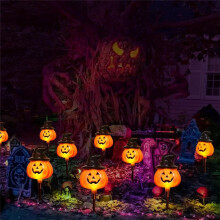 6-Pack Solar Powered Jack O Lamp Post String Lights - Orange Halloween Trail Decorations Outdoor Halloween Yard Display