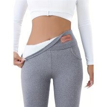(Light Grey, 10) Modieuze dameslegging met hoge taille en pluche voering voor herfst en winter met zakken - Zacht, warm, casual,