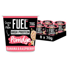 FUEL10K High Protein Banana & Raspberry Porridge Pot, 13g Protein & Source of Fibre, 70g (Pack of 8)
