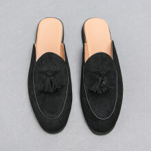 (Black, 6.5) Flat Casual Slippers with Tassel Decoration and Round Toe