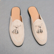 (Beige, 8.5) Flat Casual Slippers with Tassel Decoration and Round Toe