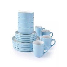 (Blue) 16pcs Pastel 2tone Blue Stoneware Dinner Set; 4 Dinner Plates, side Plates, Deep Bowls and Mugs