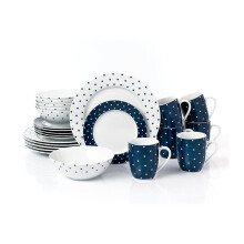 (24pc) 24pc Blue & White Spot Porcelain Dinner Set; 6 Dinner Plates 6 Side Plates 6 Deep Bowls & 6 Mugs - Dishwasher
