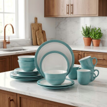 (Teal) 16pcs Teal Embossed Stoneware Dinner Set; 4 Dinner Plates, Side Plates, Deep Bowls and Mugs