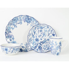 (16pc) 16pc Blue Floral Porcelain Dinner Set; 4 Dinner Plates, Side Plates, Deep Bowls and Mugs