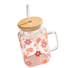 Glass Cup With Wood Lid Handle And Straw-Little Red Flower st