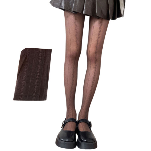 Women's Elegant Striped Floral Pattern Tights Soft-Brown