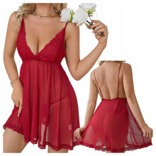 Babydoll sexy de encaje rojo, lencería erótica + tanga