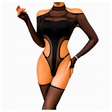 Body sexy in lingerie erotica con aperture, taglia XS/S, nero + calze