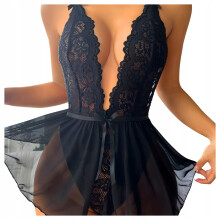 Lingerie erotica, body sexy in pizzo, taglia S/M, scollatura profonda, trasparente