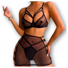 Completo intimo erotico: reggiseno, perizoma e gonna in rete.