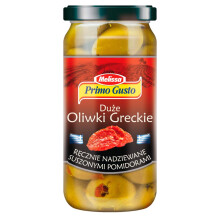 Primo Gusto Melissa Store Græske Oliven Håndfyldte med Soltørrede Tomater 230 g