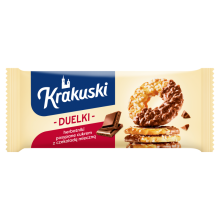 Krakuski Duelki -keksit, jotka on ripoteltu sokerilla ja maitosuklaalla 181 g