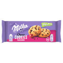 Milka Pieguski Choco Cookies Raisins -suklaakeksit maitosuklaan paloilla ja rusinoilla 135 g