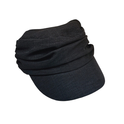 Cotton Linen Pleated Beret Hat With Simple Design Long-Black