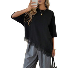 Camisetas Femininas Folgadas de Manga Curta com Gola Redonda e Detalhes em Renda Colorida. Preto L