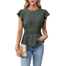 Women'S Dressy Casual Blouses Business Ruffle Short Sleeve Tops Summer Crew Neck Smocked Shirts Army Green XXXL