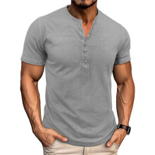 Retro Henley Shirts for Men Short Sleeve Distressed Casual Button Slim Fit Tee Shirts Light Gray XL