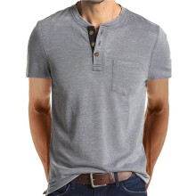 Men Casual Short Sleeve Henley Shirts Fashion Button T Shirts Light Gray L
