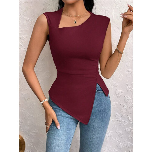 Womens Asymmetric Neck Slim Fit Cropped Solid Color Tshirt Elegant Basic Top Casual Chic Tee Chestnut Red M 2