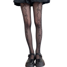 Collants Jacquard en dentelle florale pour femmes, bas-Noir