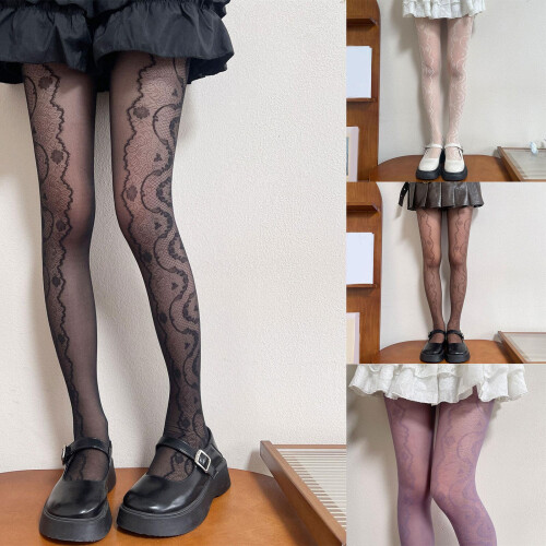 Elegant Wavy Floral Lace Patterned Sheer Mesh Tights-Black 1