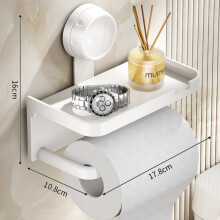 (Roll White) Multi Functional Tissue Rack Bathroom Toilet Paper Holder Suction Cup Reusable No Drilling Required Wall-Mounted Storage Shelf