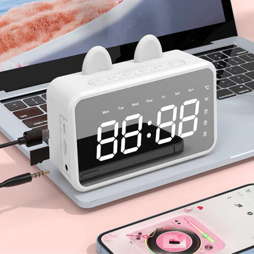 PAVEOS draagbare Bluetooth-luidspreker met digitale klok, wit 2