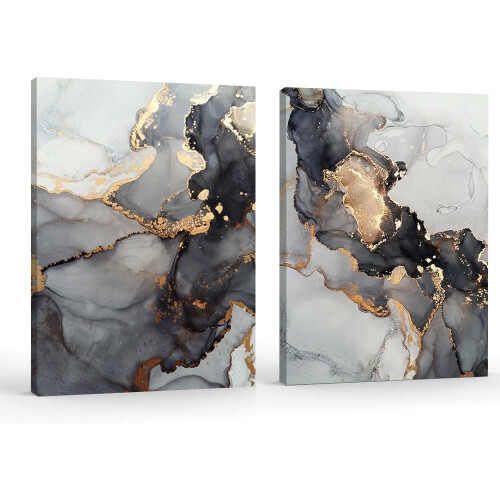 Arte em tela com estampa de mármore preto e dourado, 30x40cm (12x16 polegadas)