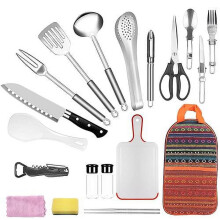 Kit d'ustensiles de cuisine de camping portable 19 pièces avec rangement