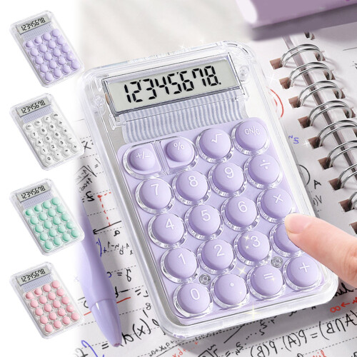 Calculadora roxa de 8 dígitos com visor LCD grande e botões. 2